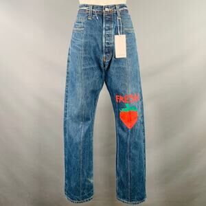 S Blue Red Cotton Painted Strawberry High Waisted Straight Button Fly Jeans